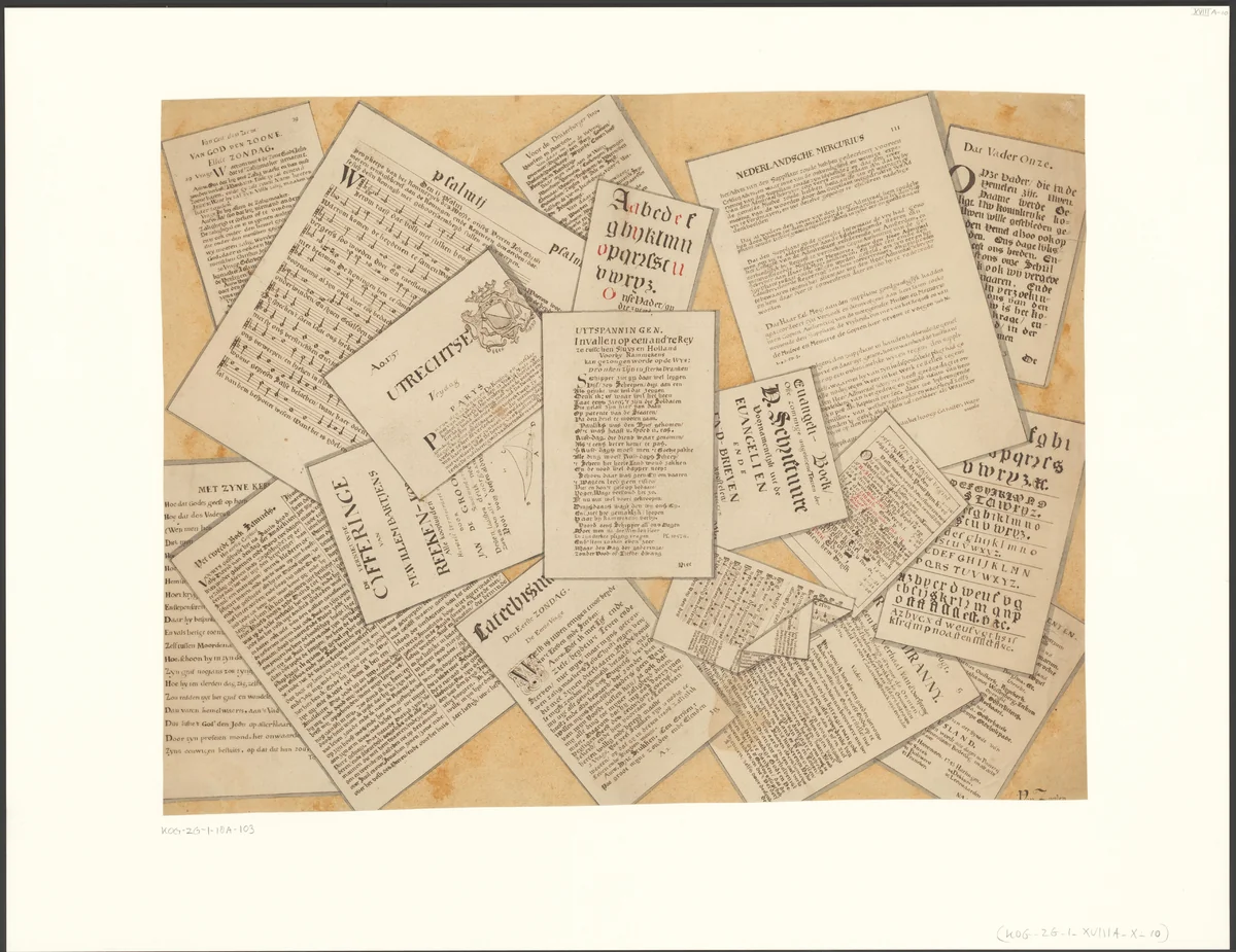 Schijnbedrieger met de Utrechtsche Courant en andere documenten by van Zuylen, drawing, 1757-1849