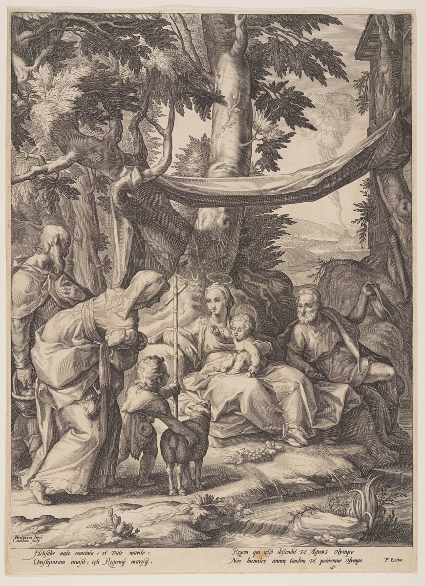 The Holy Family with Saints Elizabeth, Zacharias and John by Jacob Matham, print, 1590