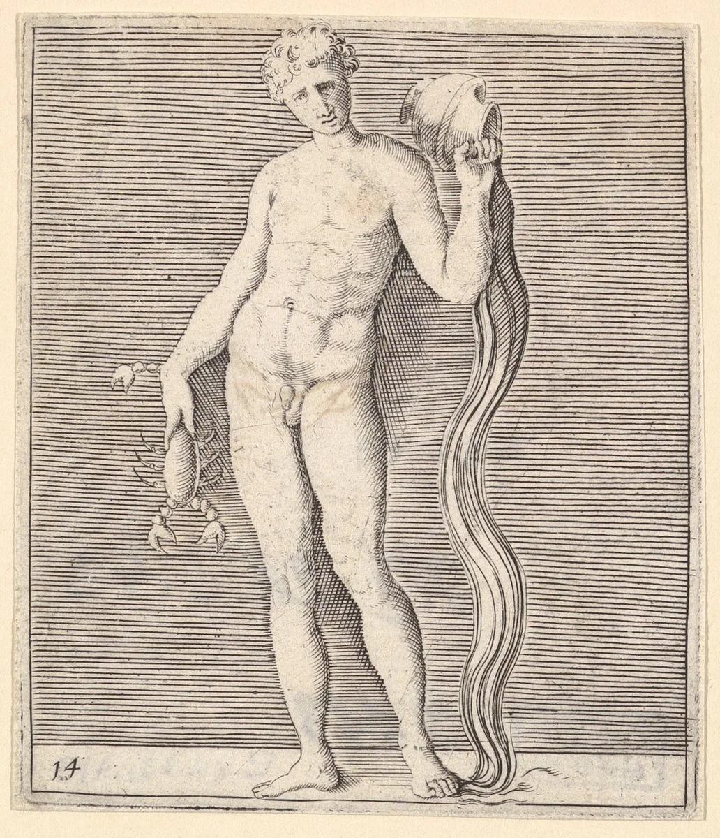 Man with Crayfish and Urn of Water, from "Ex Antiquis Cameorum et Gemmae Delineata/ Liber Secundus/et ab Enea Vico Parmen Incis" by anonymous, print, 1599-1622