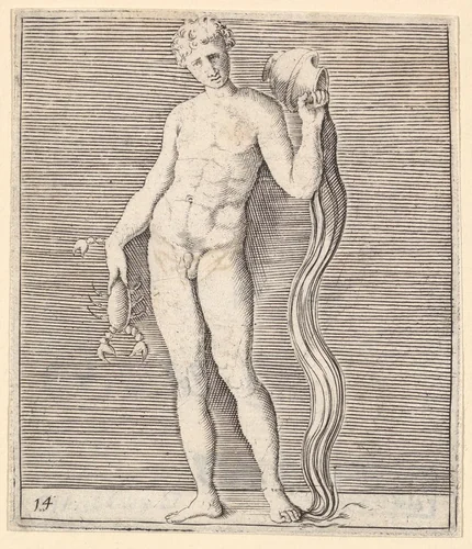 Man with Crayfish and Urn of Water, from "Ex Antiquis Cameorum et Gemmae Delineata/ Liber Secundus/et ab Enea Vico Parmen Incis" by anonymous, print, 1599-1622
