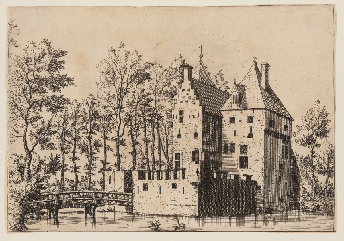 Castle with Lift-Bridge, from Master of the Small Landscape Series by Johannes van Doetecum, print, 1560