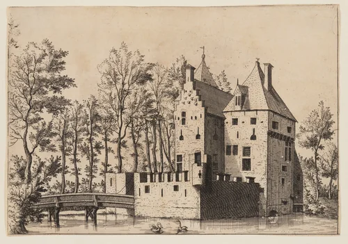Castle with Lift-Bridge, from Master of the Small Landscape Series by Johannes van Doetecum, print, 1560