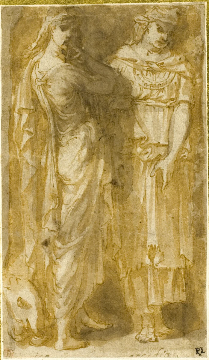 Two Standing Female Allegorical Figures: Anger and Sloth by Pirro Ligorio, drawing, 1533-1583