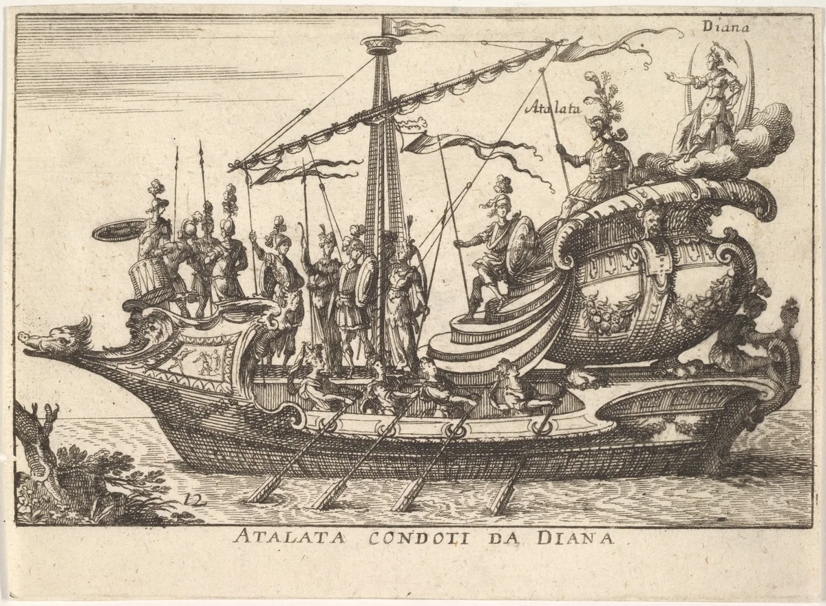 Plate 12: Atalanta led by Diana (Atalata condoti da Diana), from "The magnificent pageant on the river Arno in Florence for the marriage of the Grand Duke" (Le Magnifique carousel fait sur le fleuve de l'Arne a Florence, pour le mariage du Grand Duc) by anonymous, print, 1664