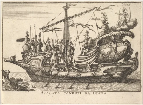 Plate 12: Atalanta led by Diana (Atalata condoti da Diana), from "The magnificent pageant on the river Arno in Florence for the marriage of the Grand Duke" (Le Magnifique carousel fait sur le fleuve de l'Arne a Florence, pour le mariage du Grand Duc) by anonymous, print, 1664