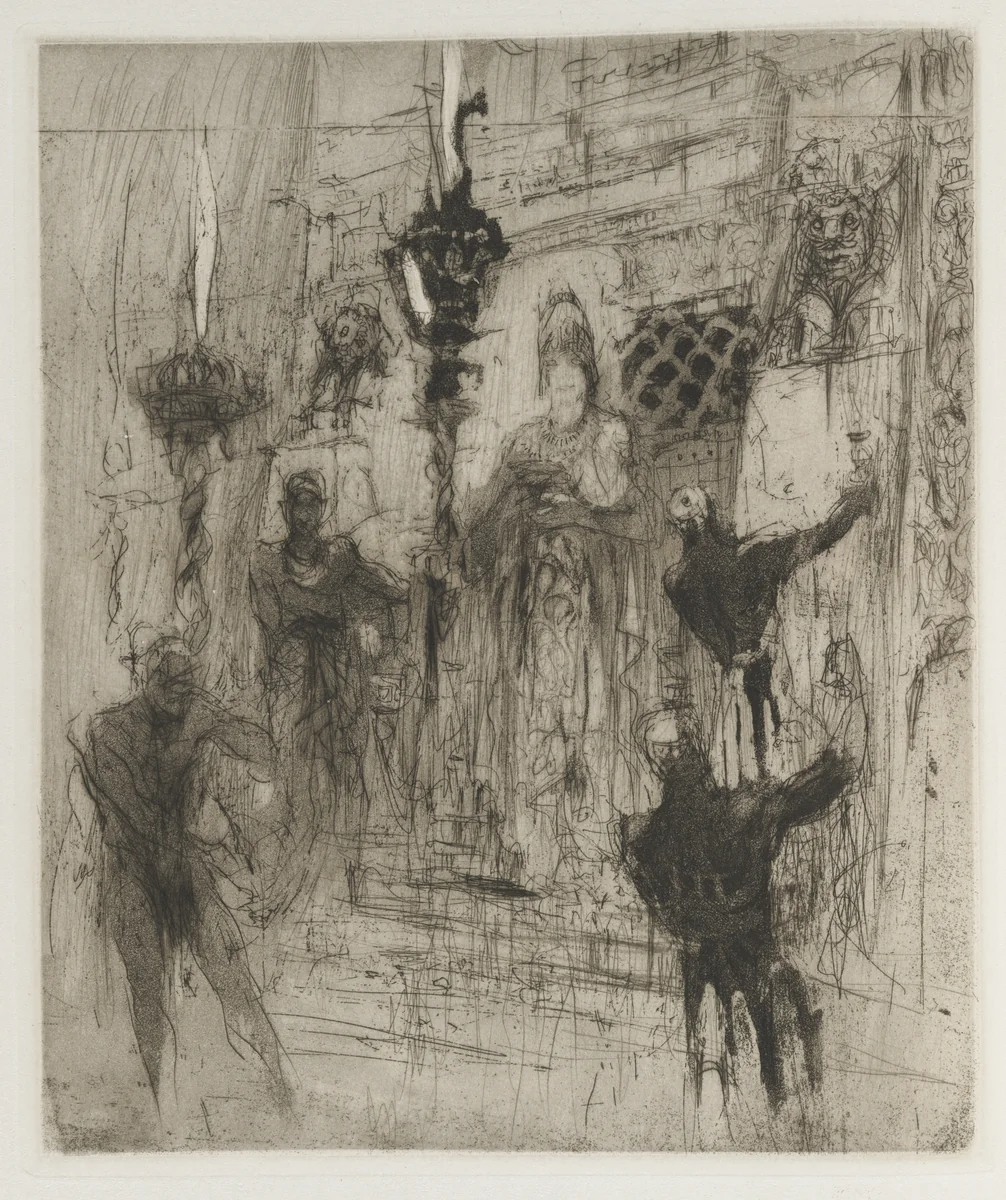 Herodias: Frontispiece, Herodias appeared, coiffed in an Assyrian mitre to which a chin strap was attached to the front by William Walcot, print, 1928