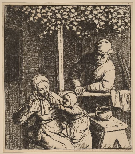 Peasant Family on a Porch with a Girl Reaching for a Doll by Adriaen van Ostade, print, 1679