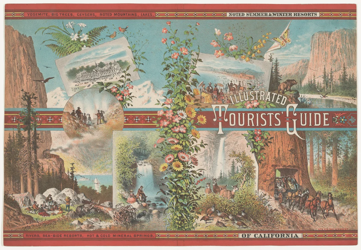 Book cover to an Illustrated Tourist Guide of Noted Summer & Winter Resorts of California by Emmanuel Wyttenbach, print, 1865-1875
