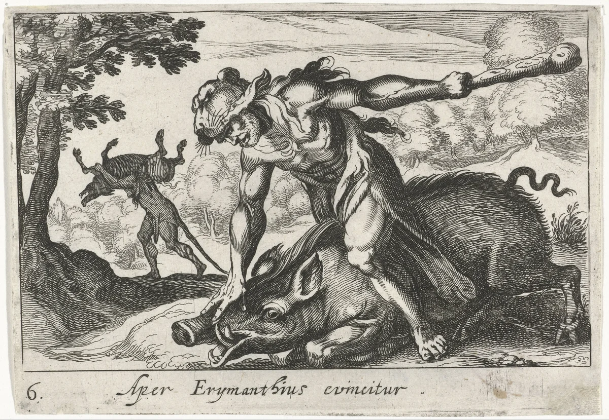 Hercules vangt het zwijn van Erymanthus by Simon Frisius, print, 1610-1664