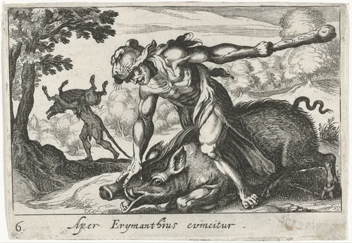Hercules vangt het zwijn van Erymanthus by Simon Frisius, print, 1610-1664