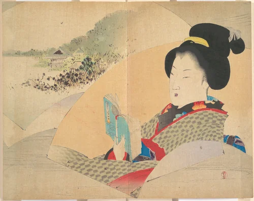 Beauty Looking at Shinobazu Pond, illustration from Bugei Kurabu (Literary Club) by Watanabe Seitei (渡辺省亭), print, 1851-1918
