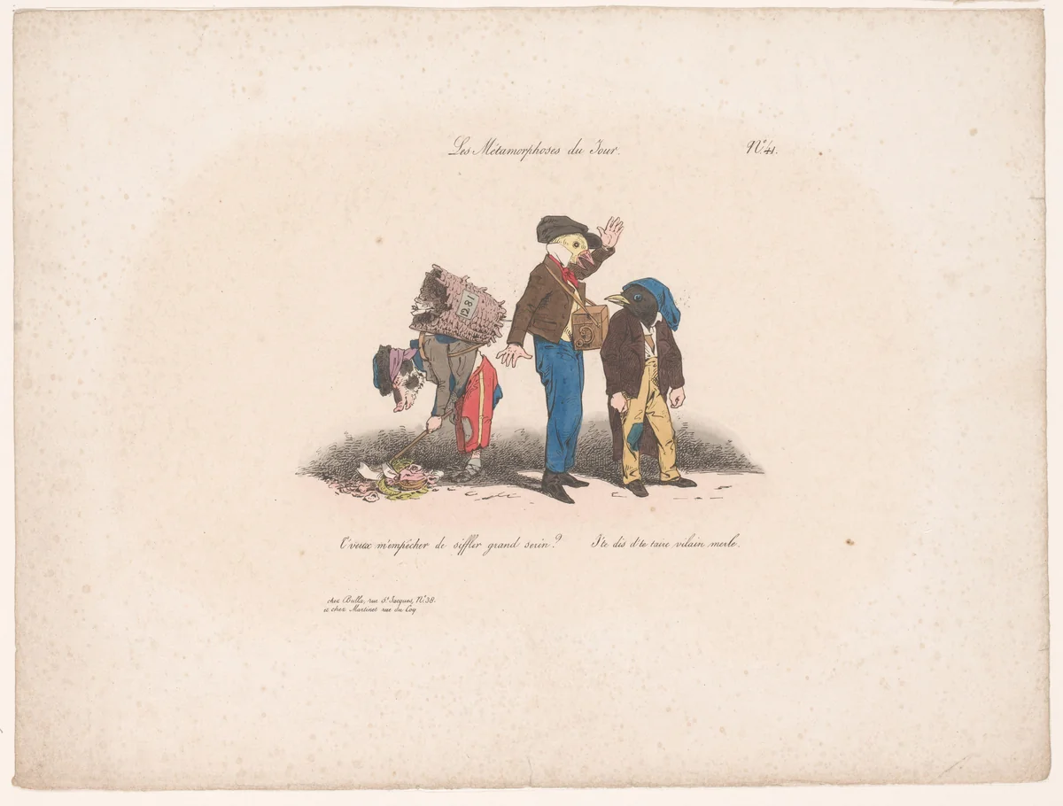 Twee ruziënde vogels en een varken tussen afval by Jean Ignace Isidore Gérard Grandville, print, 1829