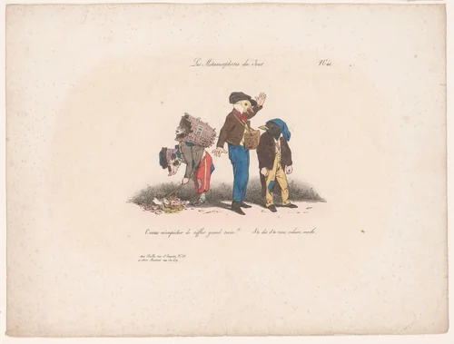 Twee ruziënde vogels en een varken tussen afval by Jean Ignace Isidore Gérard Grandville, print, 1829