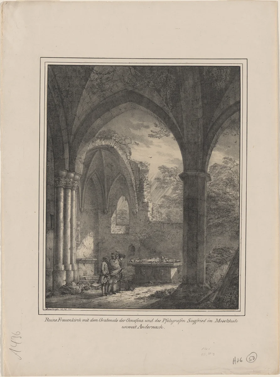 Ruine Frauenkirch mit dem Grabmale der Genoveva und des Pfalzgrafen Siegfried (Ruins of the Church of Our Lady with the Tombs of Genevieve and Count Siegfried) by Domenico Quaglio, print, 1821