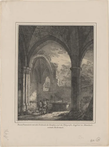 Ruine Frauenkirch mit dem Grabmale der Genoveva und des Pfalzgrafen Siegfried (Ruins of the Church of Our Lady with the Tombs of Genevieve and Count Siegfried) by Domenico Quaglio, print, 1821