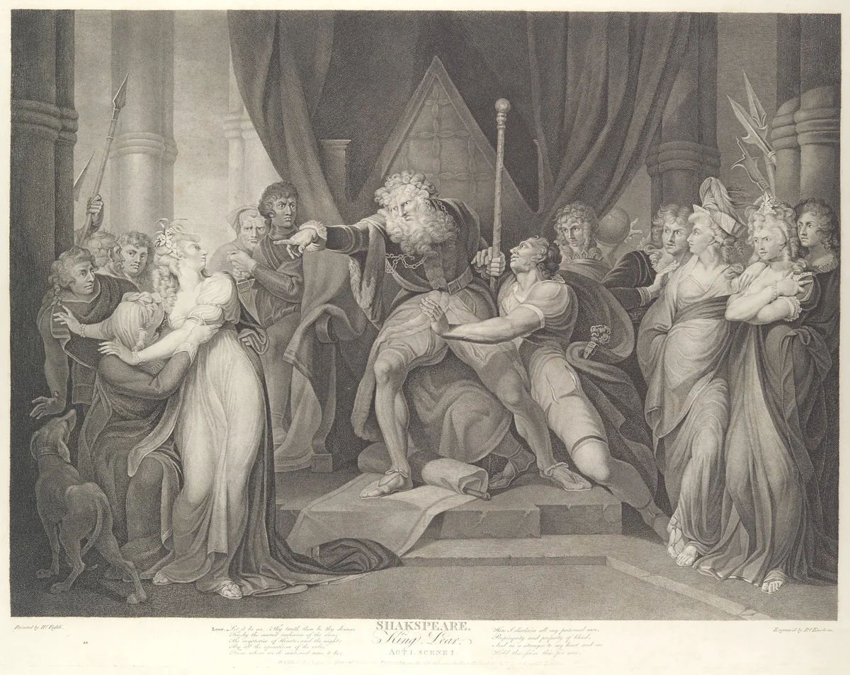 King Lear Casting Out His Daughter Cordelia (Shakespeare, King Lear, Act 1, Scene 1) by Richard Earlom, print, 1792-1852