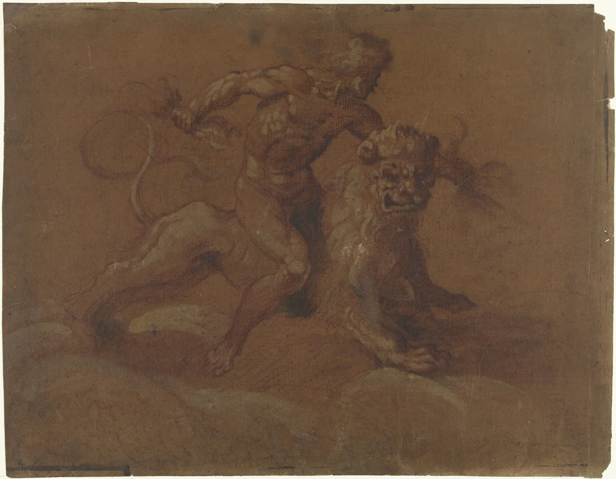 Zittende Jupiter op een leeuw, op wolken by anonymous, drawing, 1590-1610