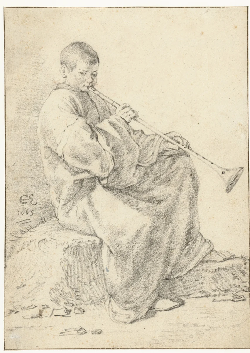 Seated Boy with a Shawm by Cornelis Saftleven, drawing, 1665