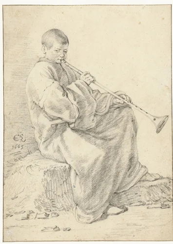 Seated Boy with a Shawm by Cornelis Saftleven, drawing, 1665