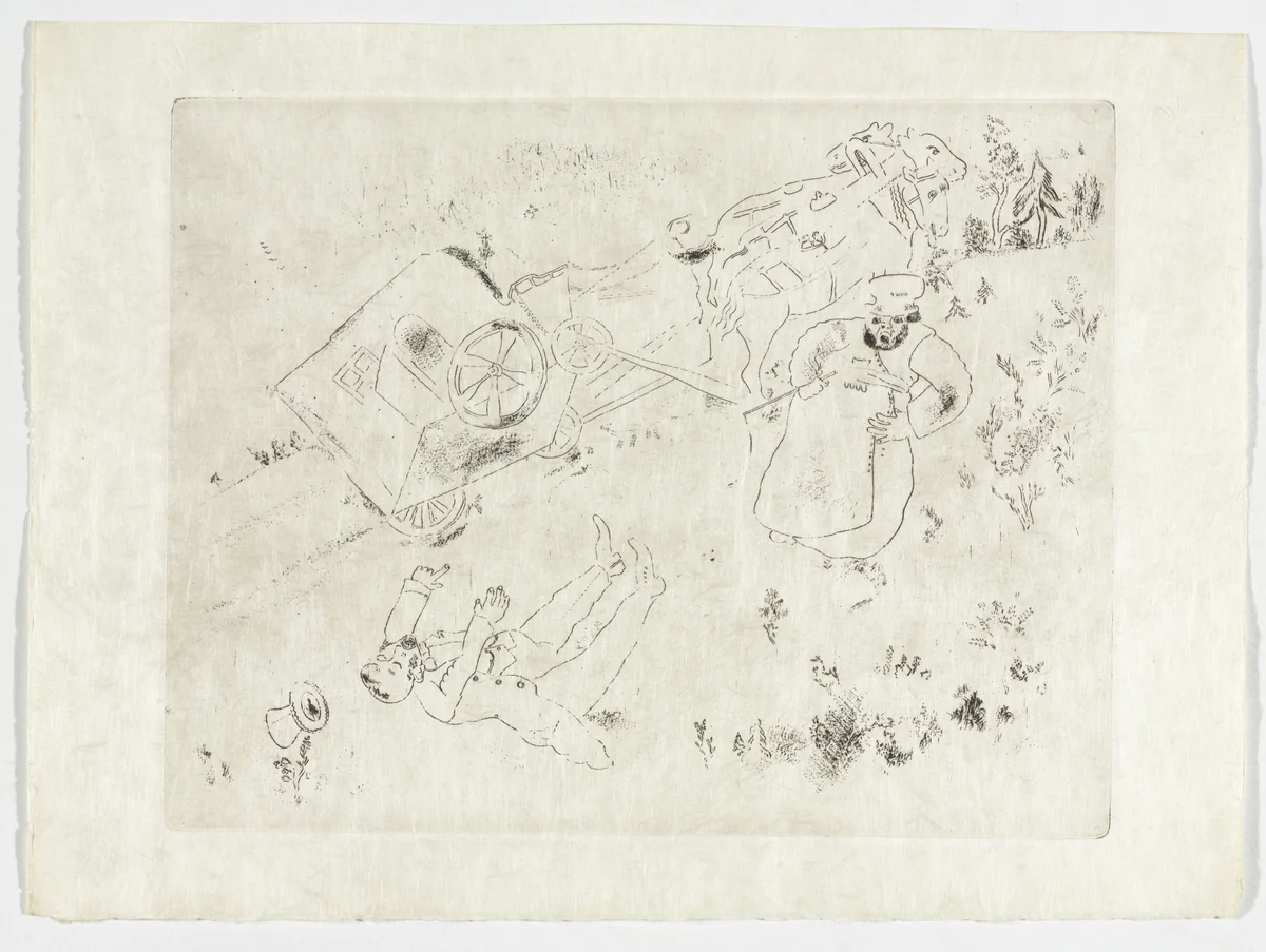 The Overturned Carriage (La Britchka s'est renversée), plate XIV (supplementary suite) from Les Âmes mortes by Marc Chagall, illustrated book, 1923