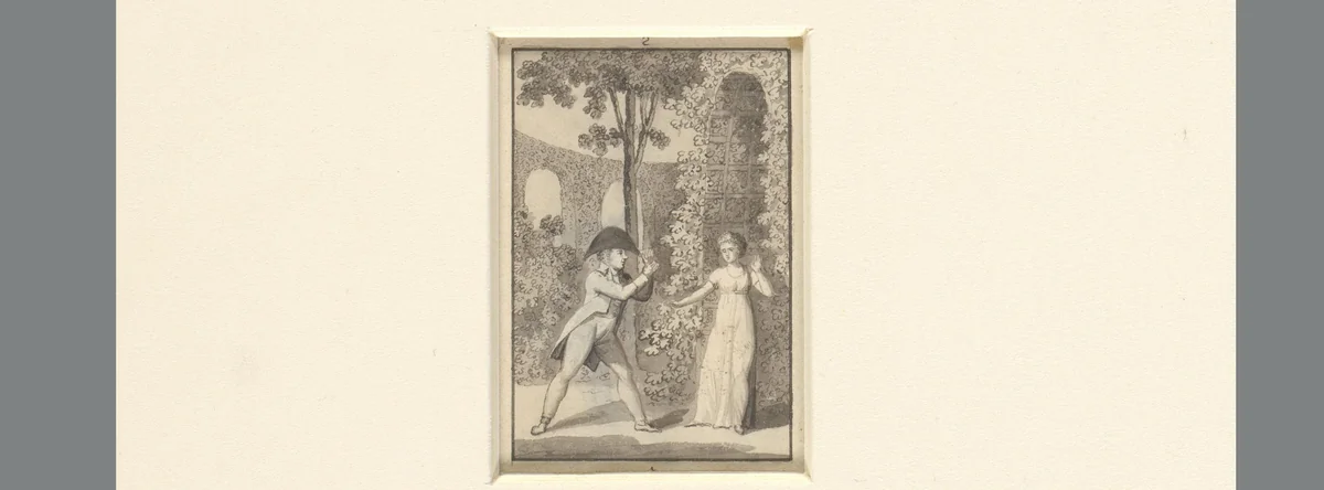 Heer met steek spreekt een dame aan voor een tuinprieël by Sigmund Ferdinand von Perger, drawing, 1788-1841