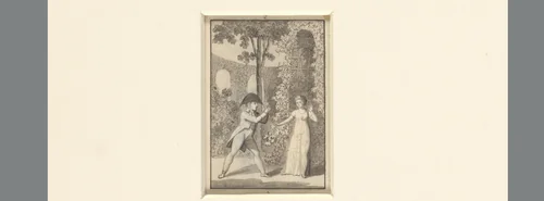 Heer met steek spreekt een dame aan voor een tuinprieël by Sigmund Ferdinand von Perger, drawing, 1788-1841
