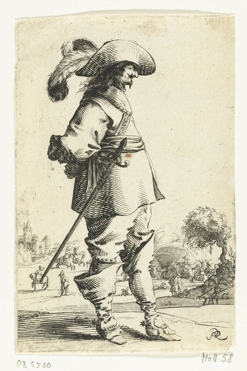 Staande cavalier en profil, op de achtergrond een strijdtoneel met ruiters by Salomon Savery, print, 1633-1665
