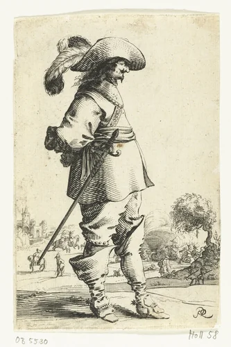 Staande cavalier en profil, op de achtergrond een strijdtoneel met ruiters by Salomon Savery, print, 1633-1665