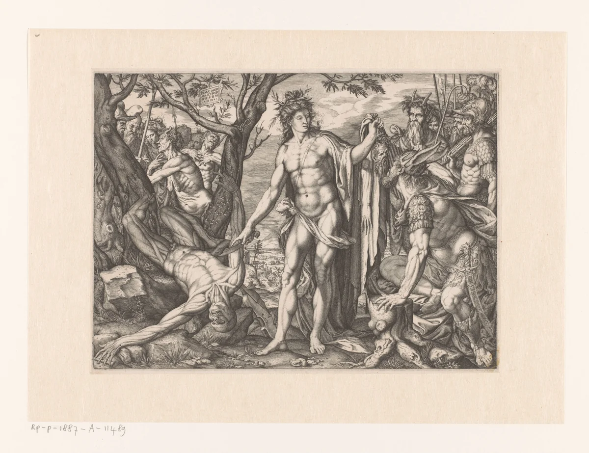Apollo en Marsyas en het oordeel van Midas by Unknown, print, 1581