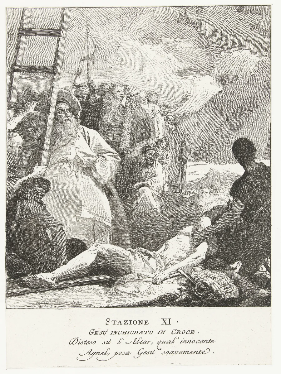Christus wordt aan het kruis genageld by Giovanni Domenico Tiepolo, print, 1747-1749
