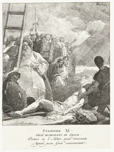 Christus wordt aan het kruis genageld by Giovanni Domenico Tiepolo, print, 1747-1749