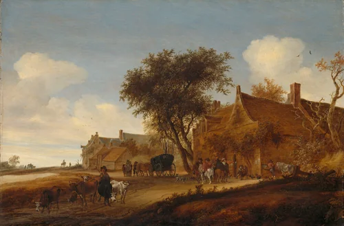 Landscape with Travellers before an Inn by Salomon van Ruysdael, painting, 1655