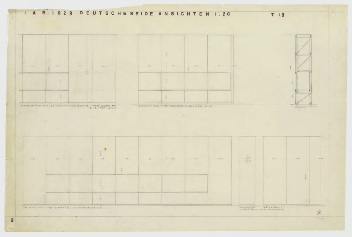 Barcelona Exhibition, German Section, Textile Palace, Barcelona, Spain (Elevations and section. Freestanding wall of vitrines.) by Lilly Reich, mies van der rohe archive, 1929