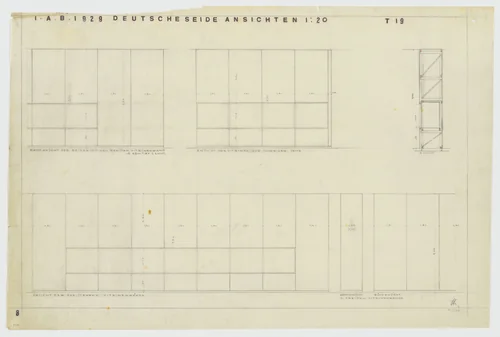 Barcelona Exhibition, German Section, Textile Palace, Barcelona, Spain (Elevations and section. Freestanding wall of vitrines.) by Lilly Reich, mies van der rohe archive, 1929