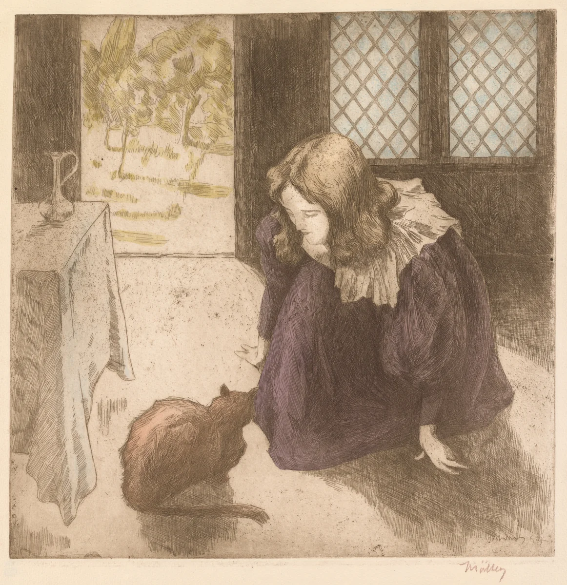 Interior, Little Girl with Cat (La Petite fille au chat) by Alfredo Müller, print, 1897