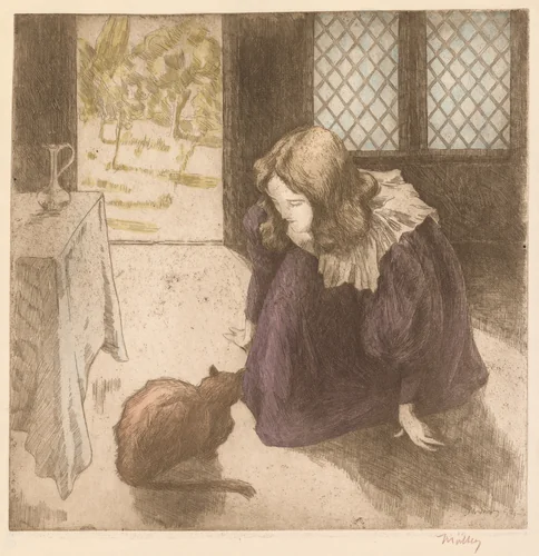 Interior, Little Girl with Cat (La Petite fille au chat) by Alfredo Müller, print, 1897