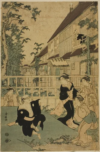 Outdoor Amusements at the Kankanro Teahouse in Yoshiwara by Torii Kiyonaga (鳥居清長), print, 1789-1799