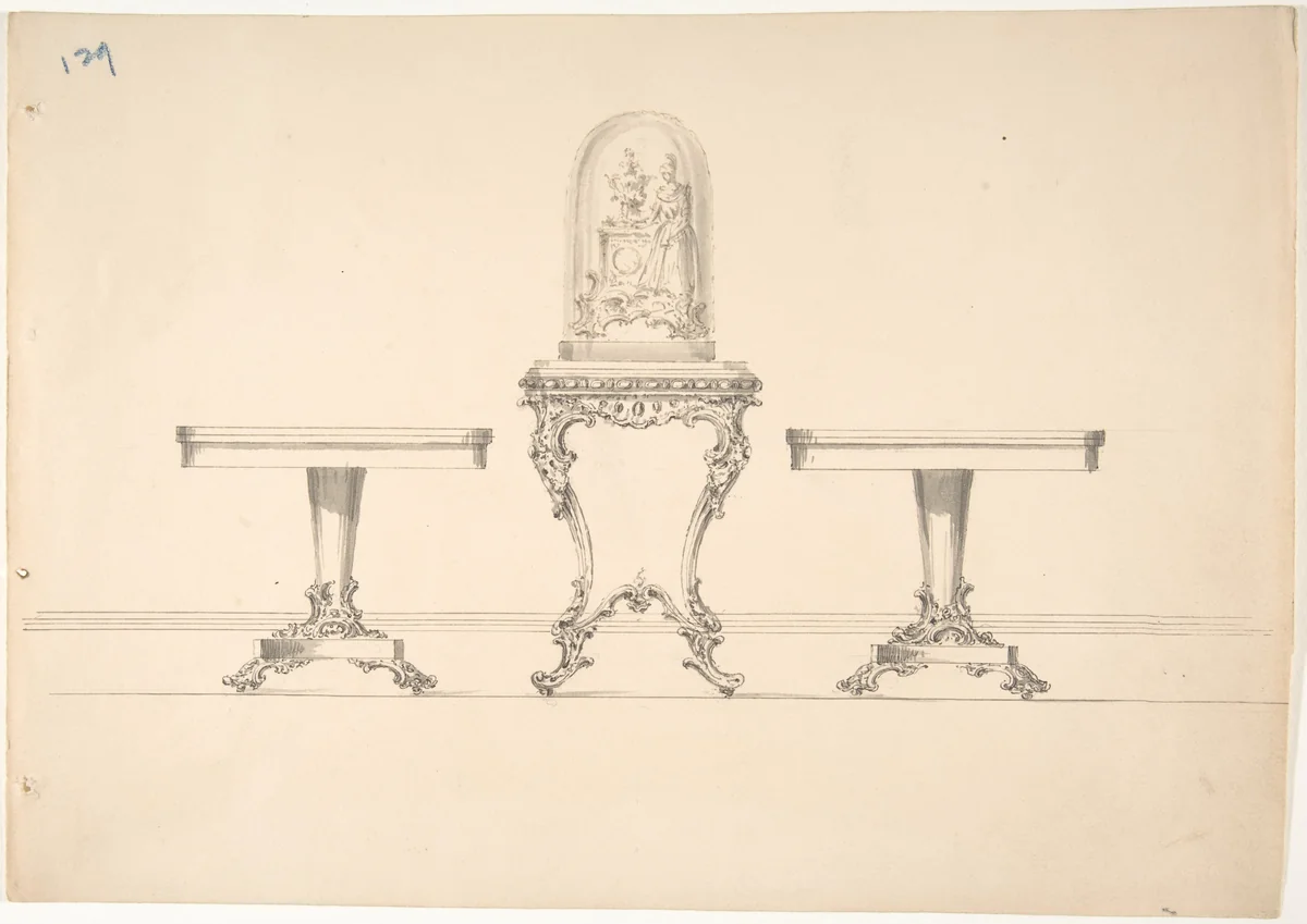 Design for Two Round Pedestal Tables and Square Rococo-style Table Supporting a Clock under Glass by anonymous, drawing, 1800-1850