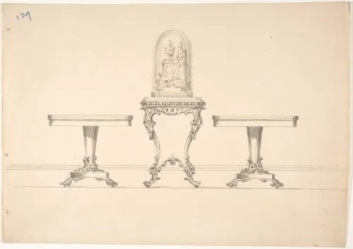 Design for Two Round Pedestal Tables and Square Rococo-style Table Supporting a Clock under Glass by anonymous, drawing, 1800-1850