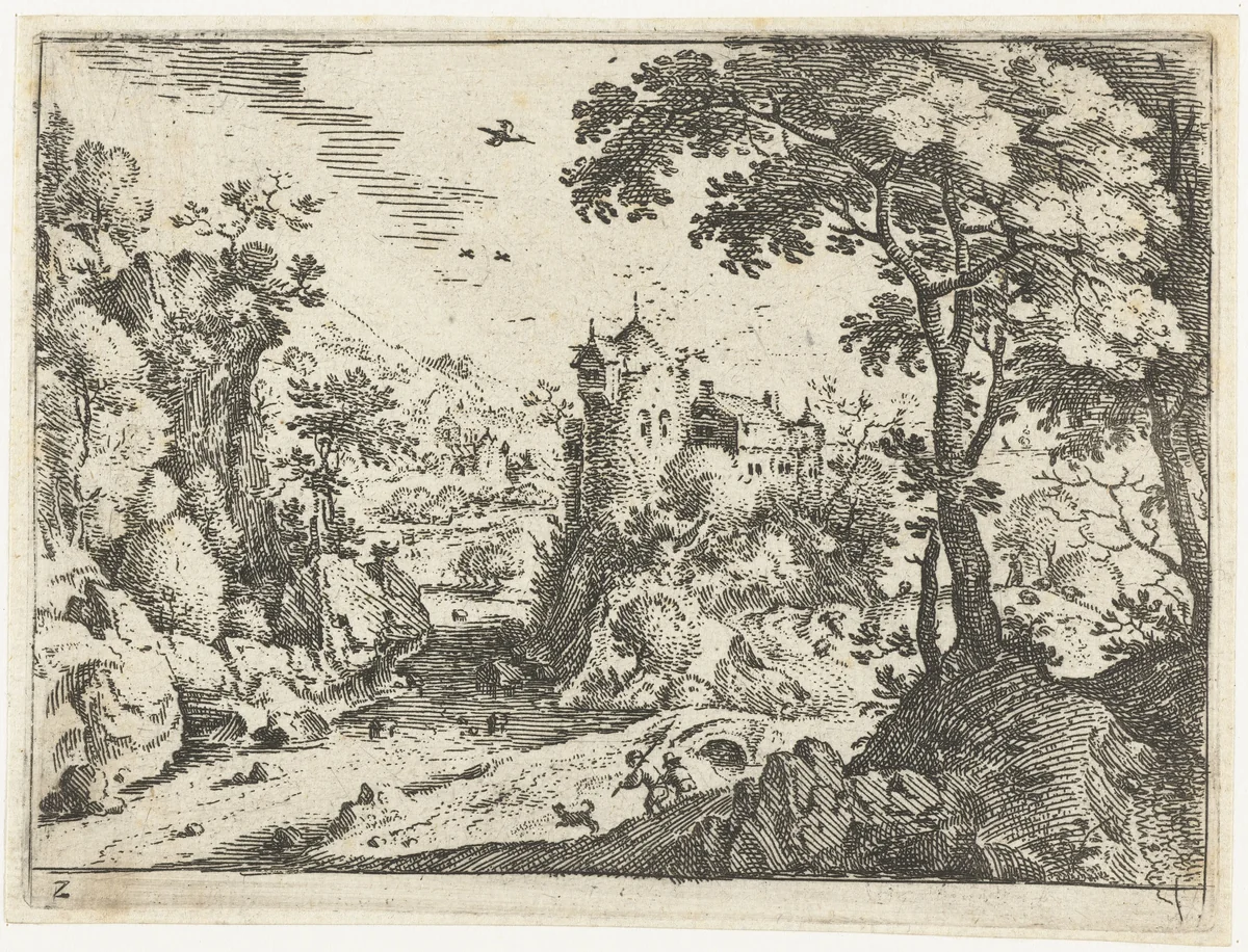 Landschap met reizigers nabij kasteel by Jacob Savery, print, 1584-1603