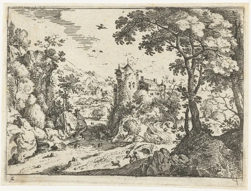 Landschap met reizigers nabij kasteel by Jacob Savery, print, 1584-1603