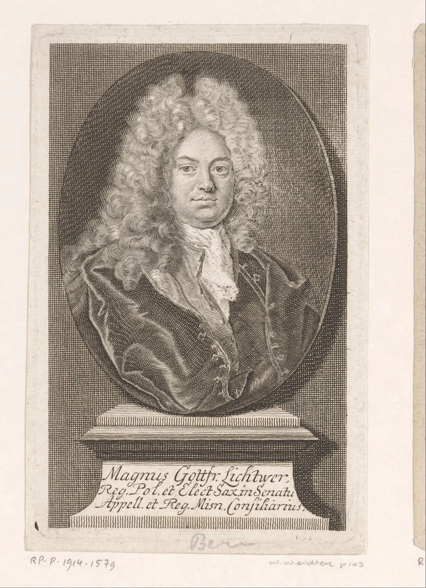 Portret van Magnus Gottfried Lichtwer by Martin Bernigeroth, print, 1719