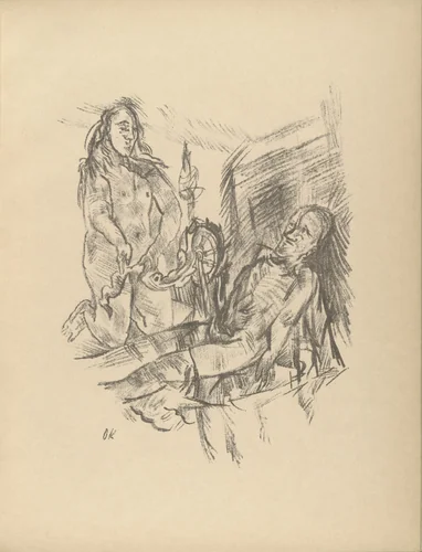 At the Spinning Wheel (Am Spinnrad) (plate, folio 9) from Die Chinesische Mauer (The Great Wall of China) by Oskar Kokoschka, illustrated book, 1914