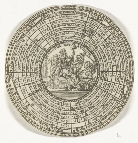 Penning van de Universiteit van Leiden, met de namen van de hoogleraren en de Leidse stedenmaagd by anonymous, print, 1701-1720