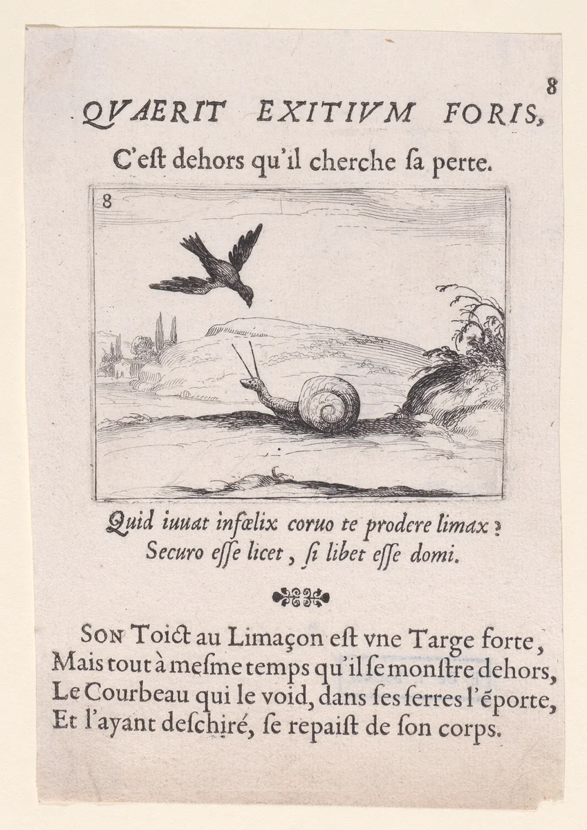 Le Corbeau et Le Limaçon (The Raven and the Snail), plate 8 from "Lux Claustri ou La Lumière du Cloitre" (The Light of the Cloisters) by Jacques Callot, print, 1621-1635