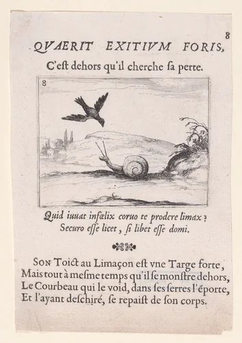 Le Corbeau et Le Limaçon (The Raven and the Snail), plate 8 from "Lux Claustri ou La Lumière du Cloitre" (The Light of the Cloisters) by Jacques Callot, print, 1621-1635