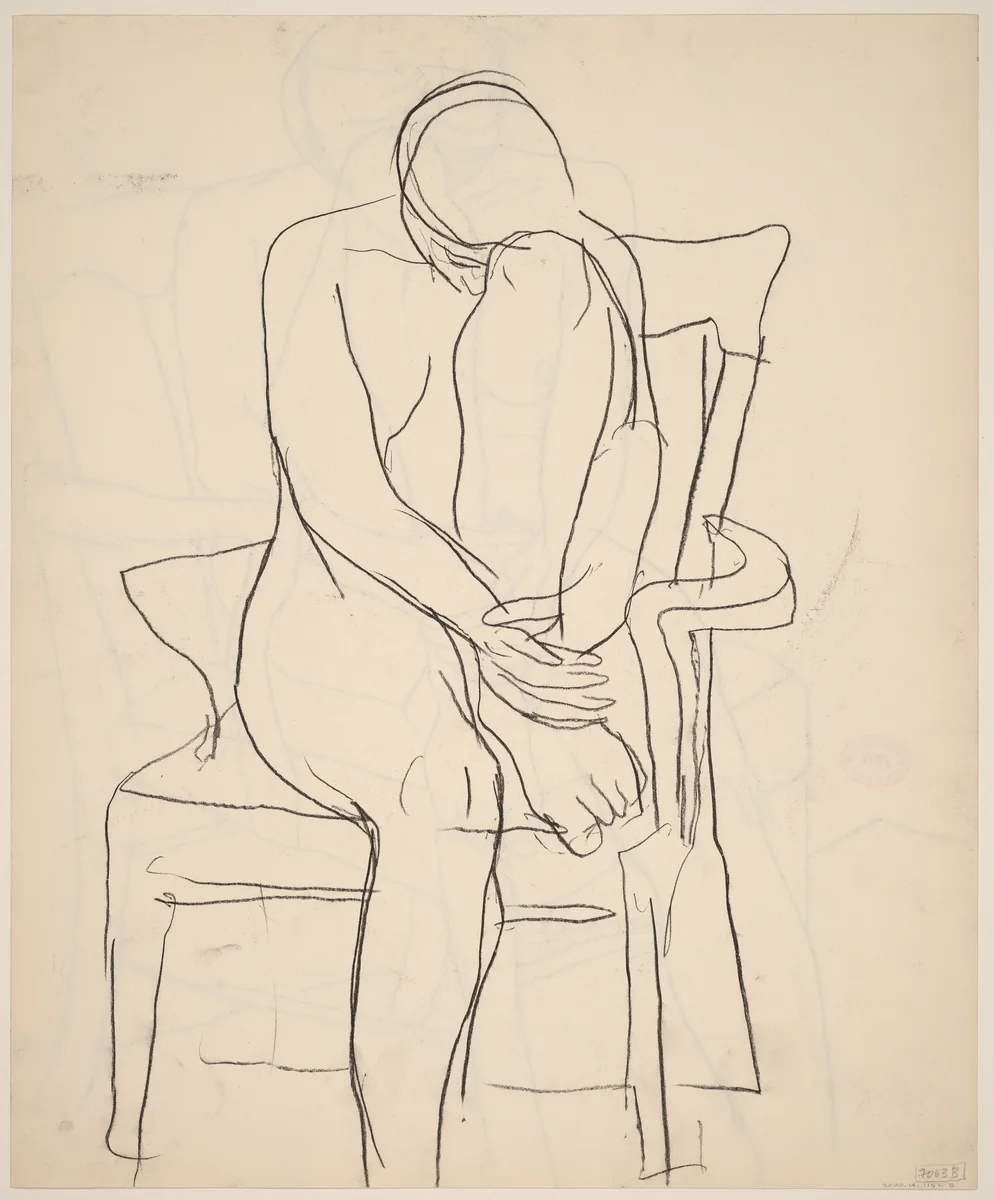 Untitled [seated nude with resting her head on her retracted leg] [verso] by Richard Diebenkorn, drawing, 1955-1967
