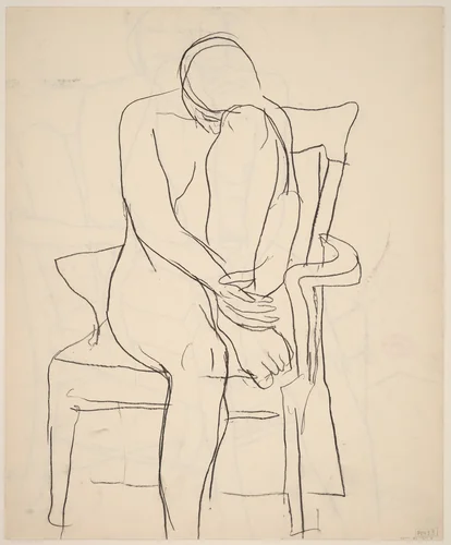 Untitled [seated nude with resting her head on her retracted leg] [verso] by Richard Diebenkorn, drawing, 1955-1967
