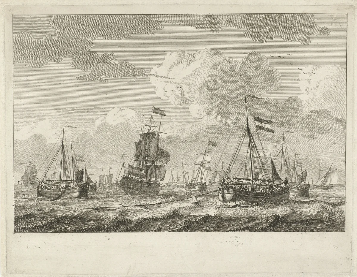 Vissersboten op open water by Gerrit Groenewegen, print, 1764-1826