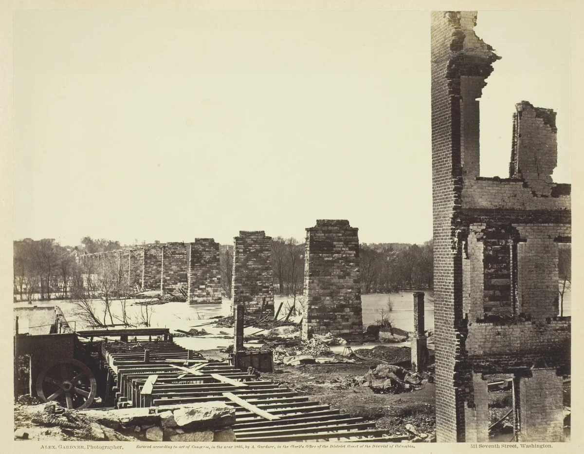 Ruins of Petersburg and Richard Raidroad Bridge by Alexander Gardner, photograph, 1864